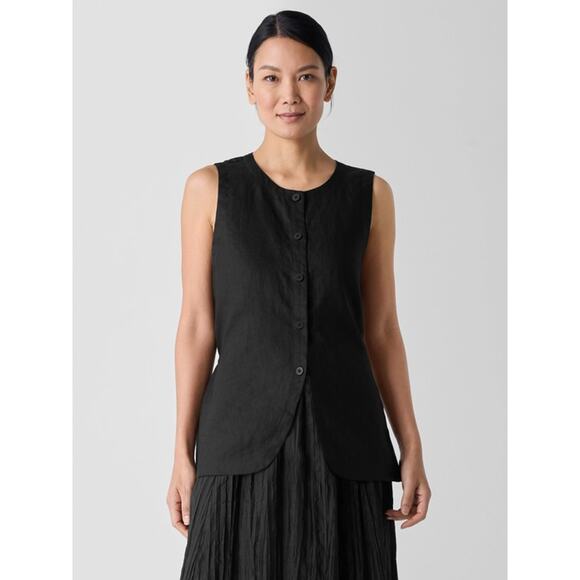 Eileen Fisher Black Button Front Organic Linen Long Sleeveless Vest Size M NWT - Picture 1 of 9